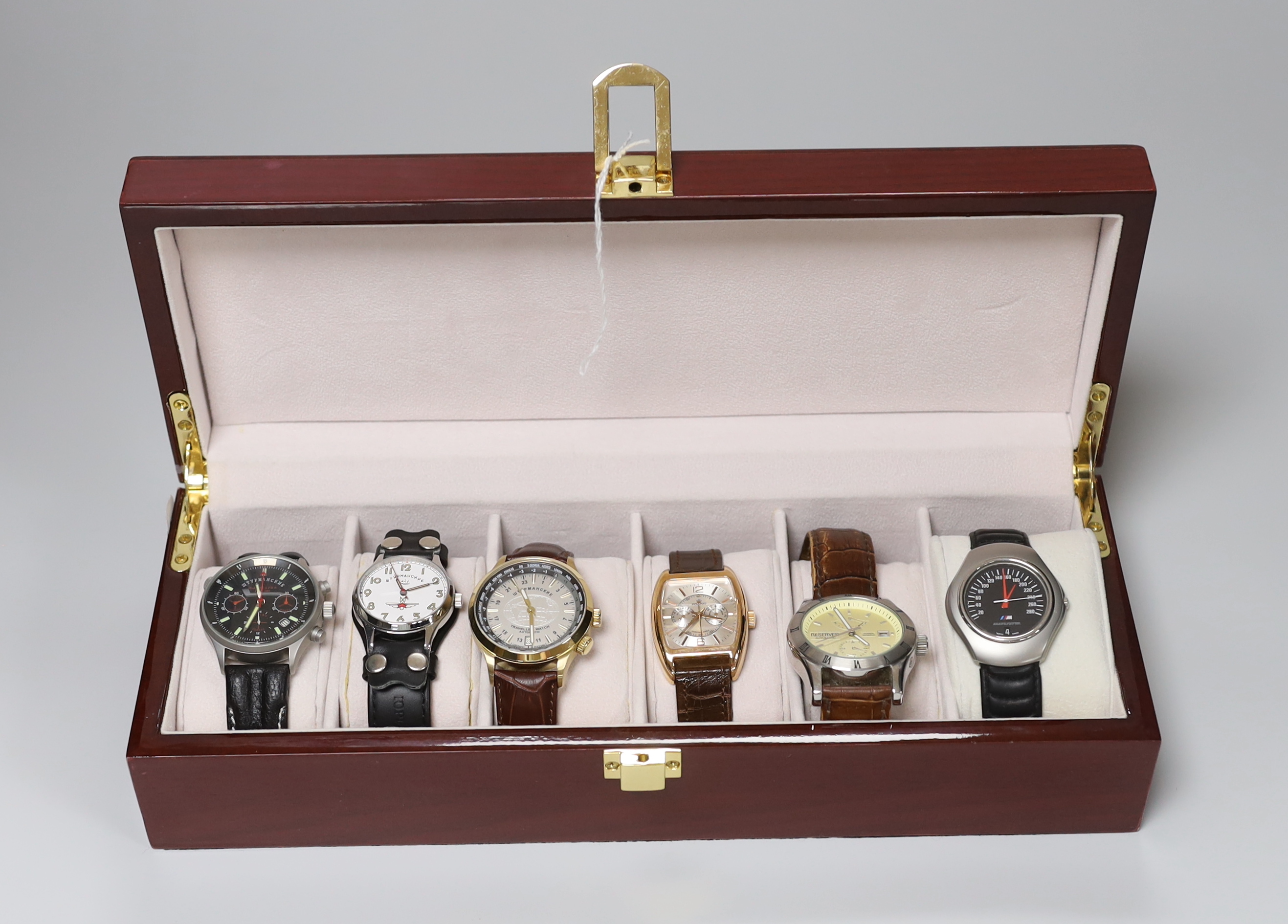 Six gentleman's modern assorted wrist watches including Poljot, BMW M4 Coupe, Reserver Automatic and Russian.